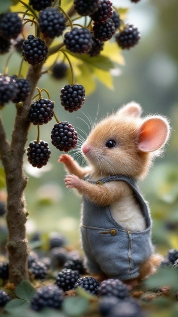 Felted Mouse Collecting Blackberries, Beatrix Potter Style