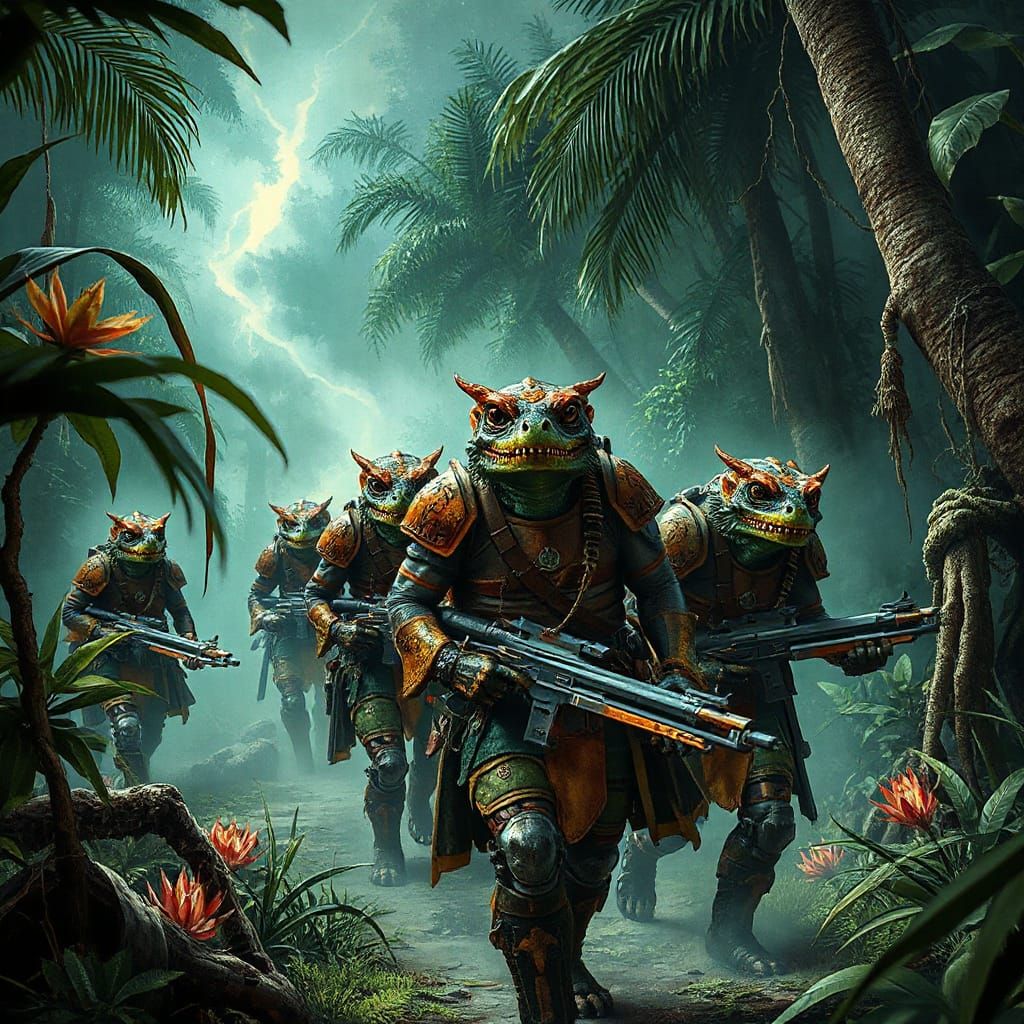 Reptile Warriors in Bioluminescent Jungle, Comic Book Art