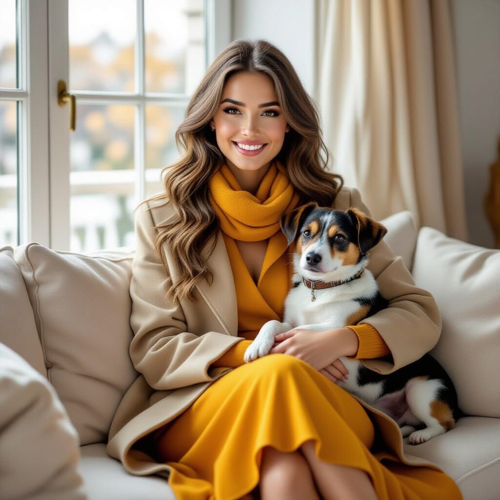 Elegant Woman with Auburn Hair and Dog, Realistic Oil Painti...