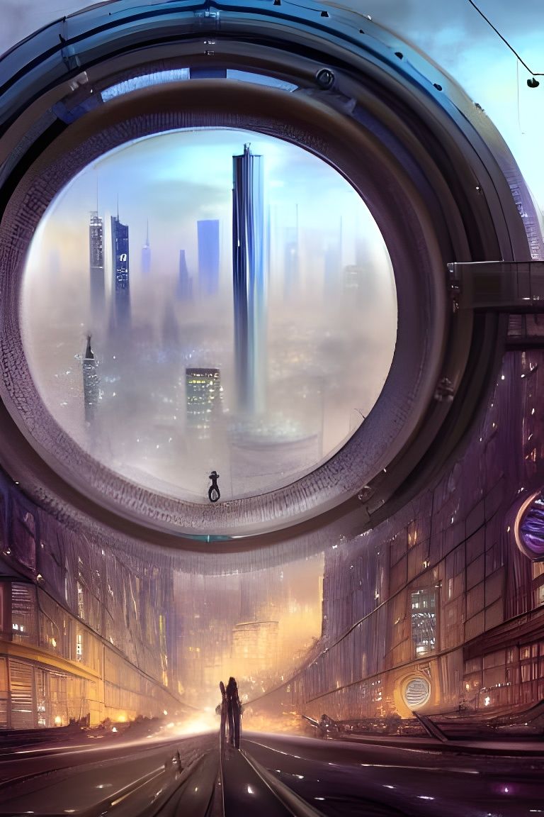 Futuristic Cityscape Through Metal Archway, Hyperdetailed Di...