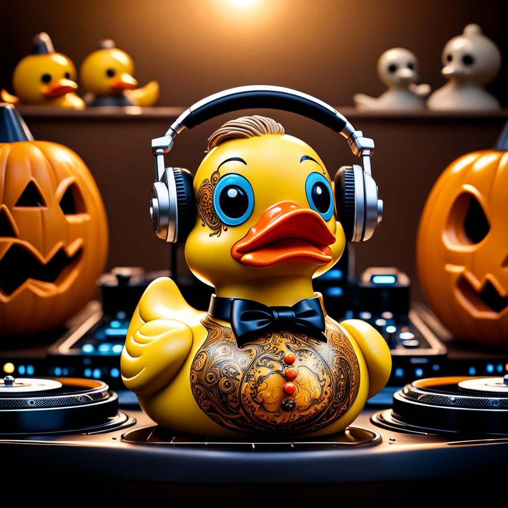 Halloween DJ Rubber Duck in Hyperrealistic Style