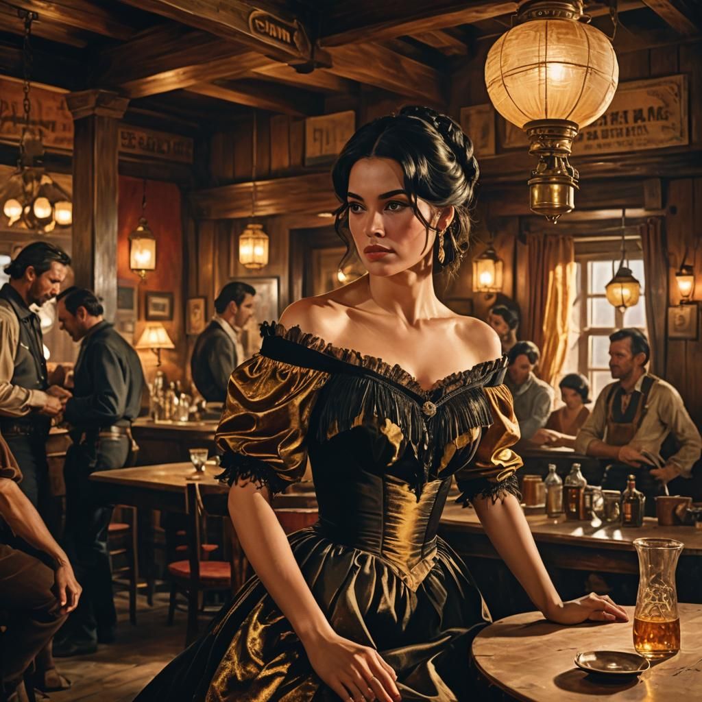 Saloon Girl in Velvet Dress: Western Oil Painting