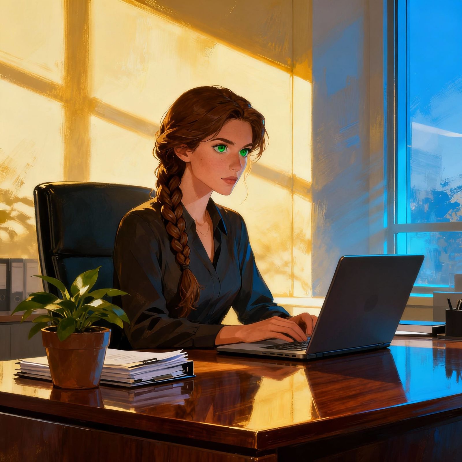 Focused Woman with Brown Hair at Modern Office Desk