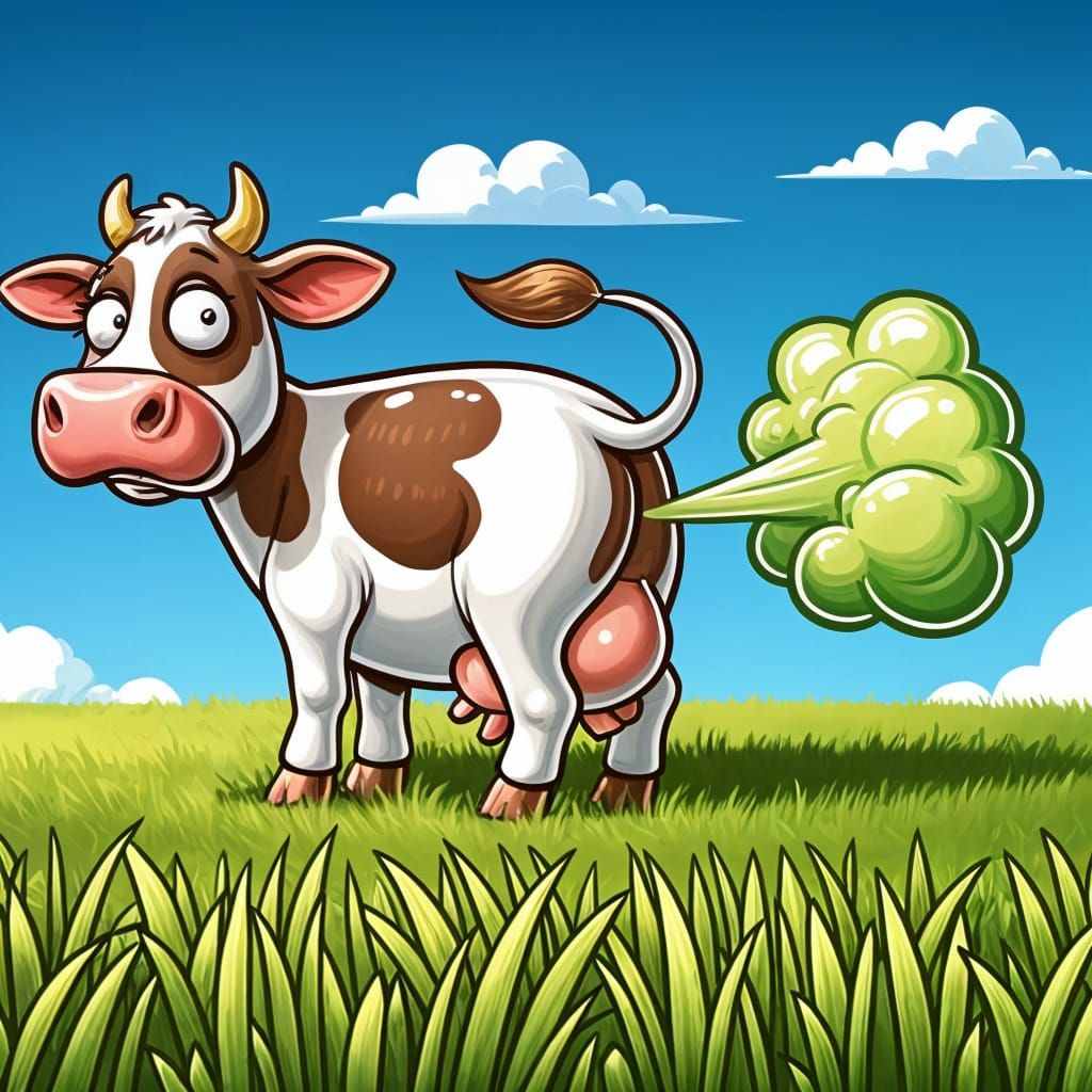 Funny Cow Illustration in Grassy Field