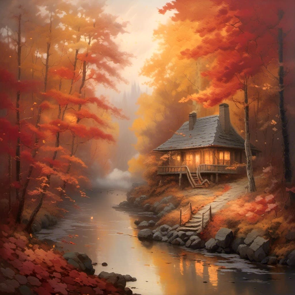 Autumn Landscape with Cozy Cabin in Golden Light