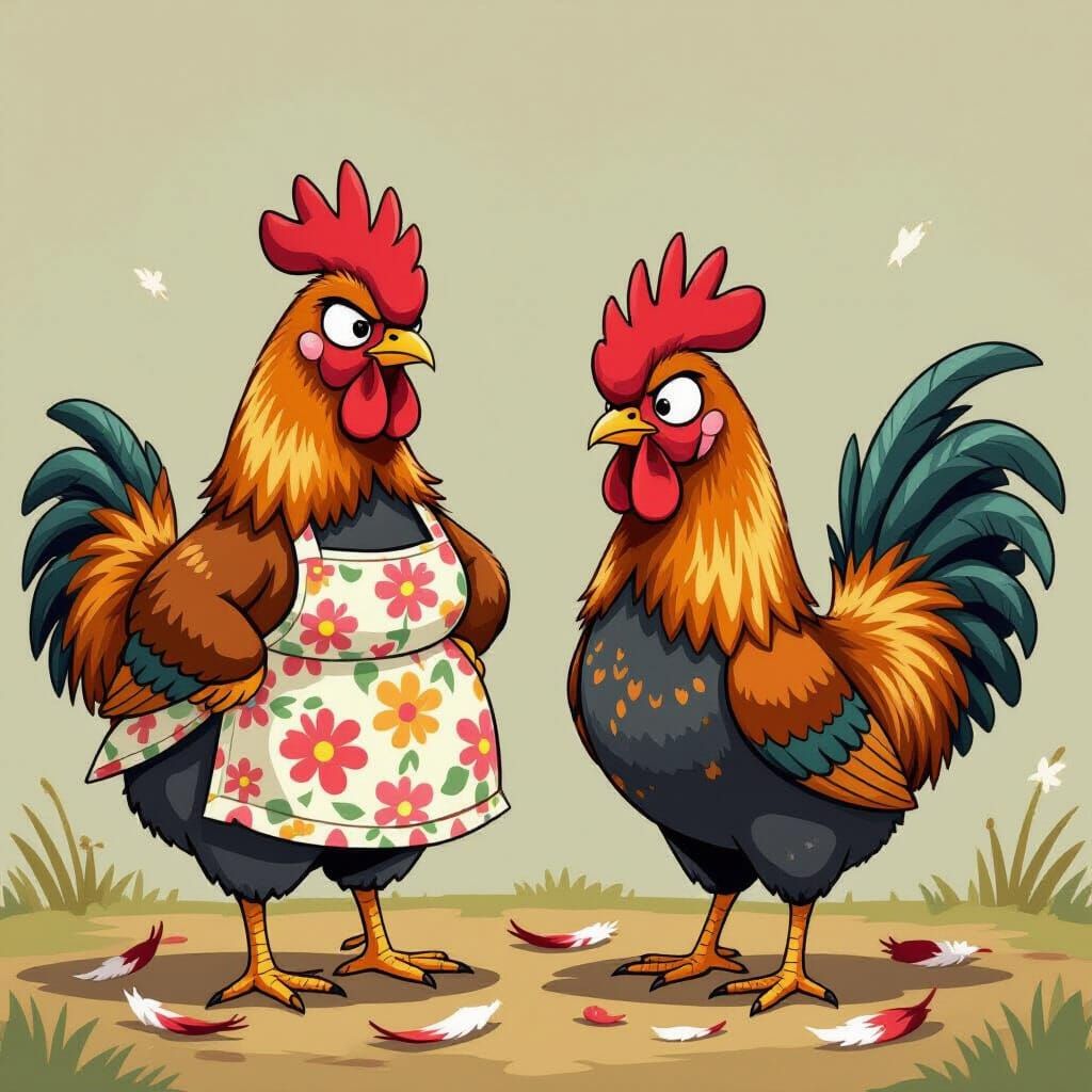 Cartoon Hen Scolds Rooster in Caricature Style