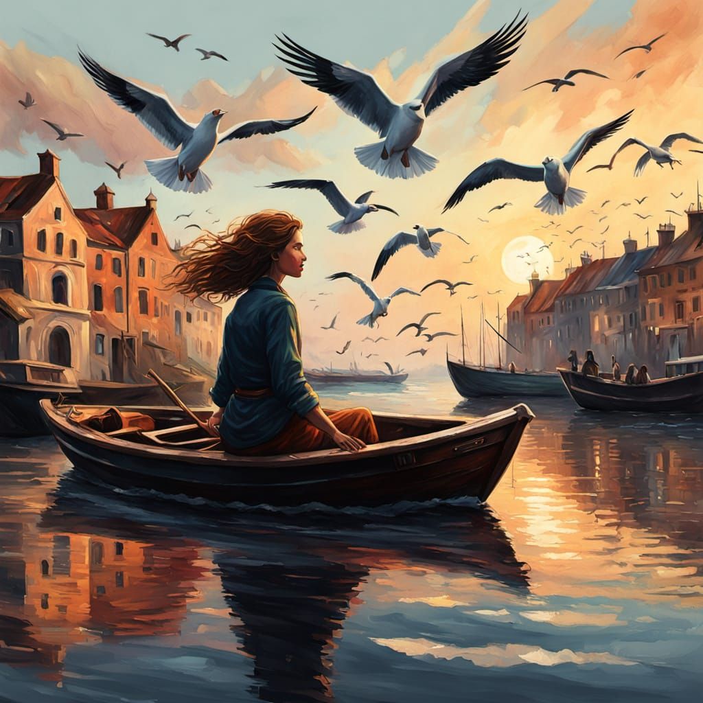 Neo-Impressionistic Woman in Boat at Sunset