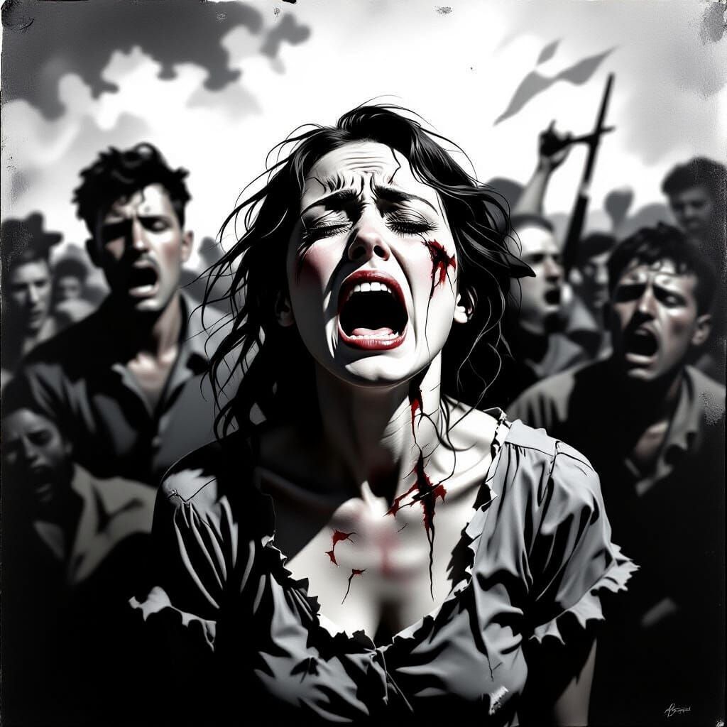 Despairing Woman in War, Photorealistic Guernica Style