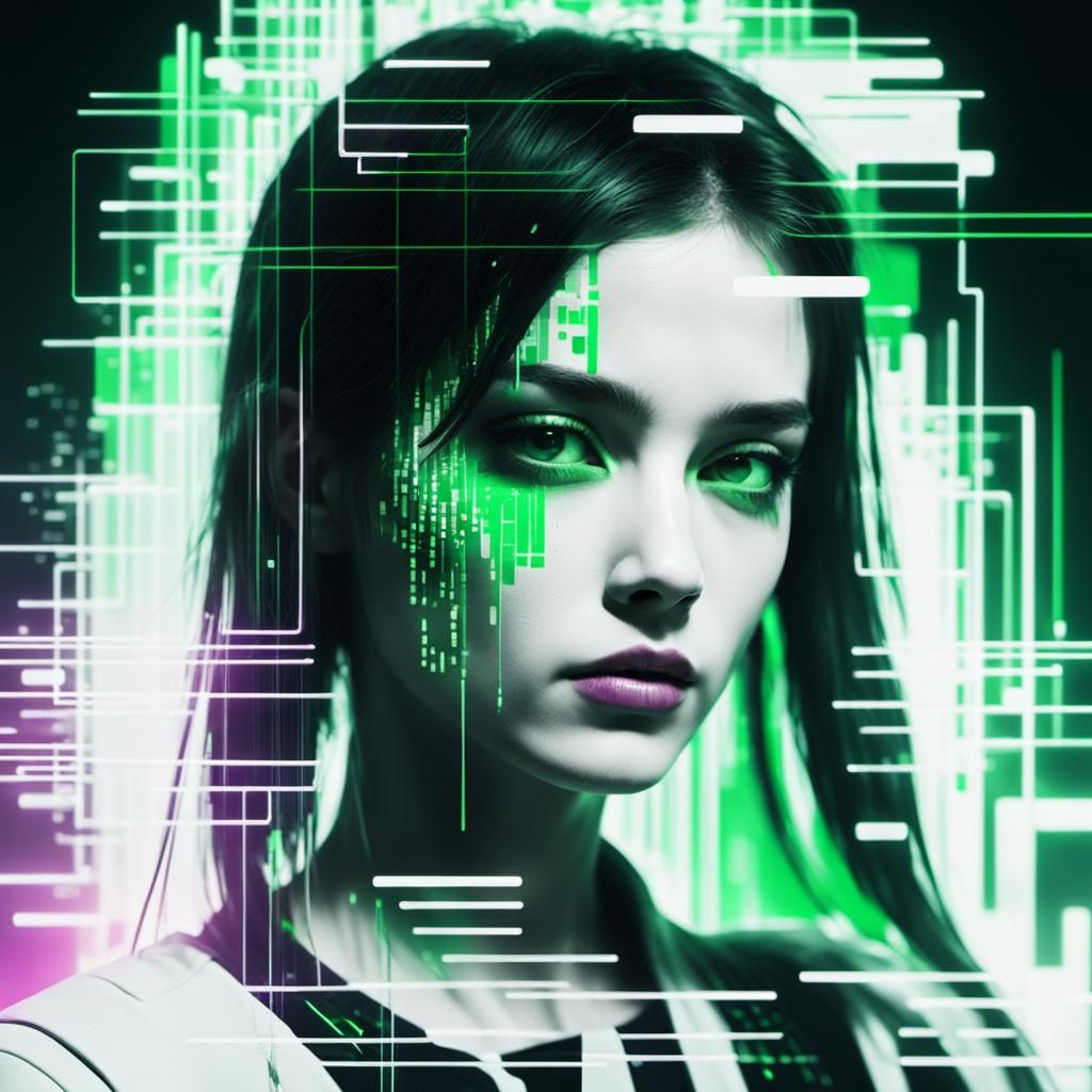 Green Glitching Cube with Binary Code in Synthwave Style