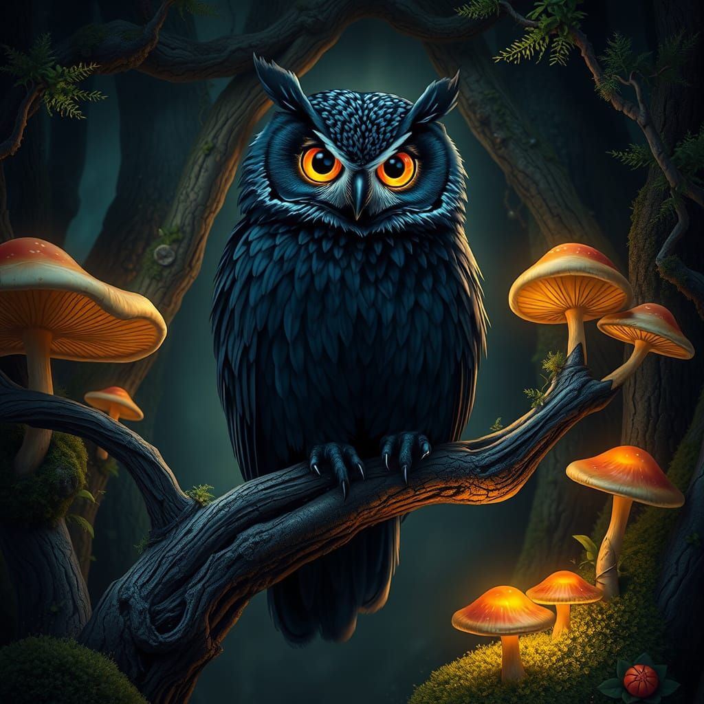 Majestic Owl in Luminescent Whimsical Forest