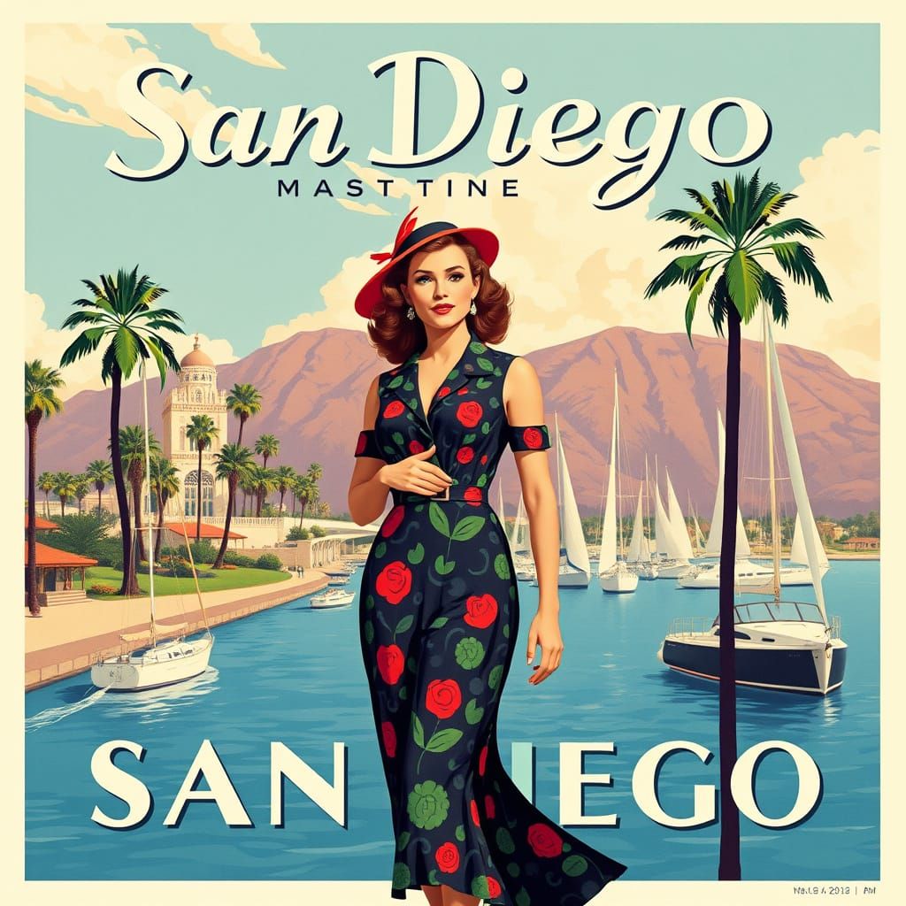 San Diego Waterfront: Vintage Travel Poster in Art Deco Styl...