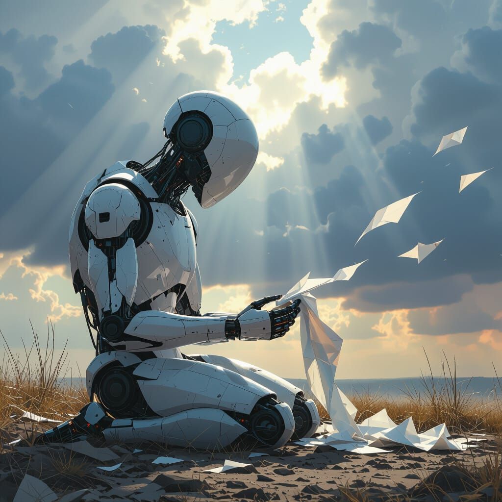 Faceless Robot Examines Shredded Cloth in Dramatic Light