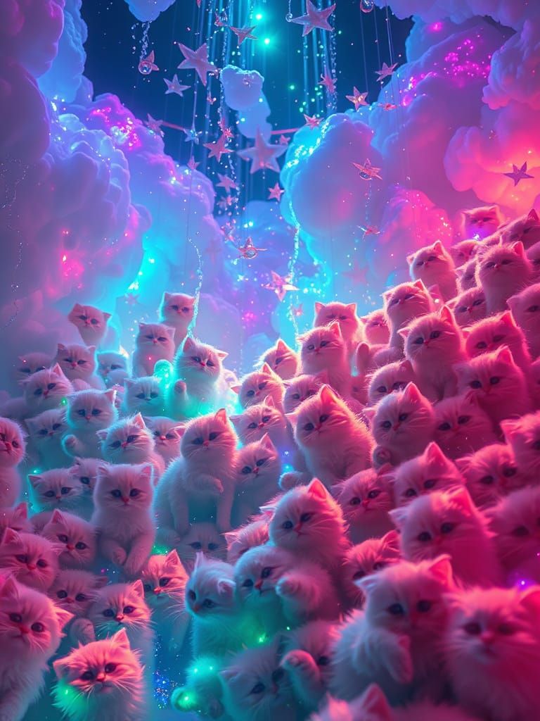 Surreal Kitten Falls in a Hyperrealistic Cosmic Universe