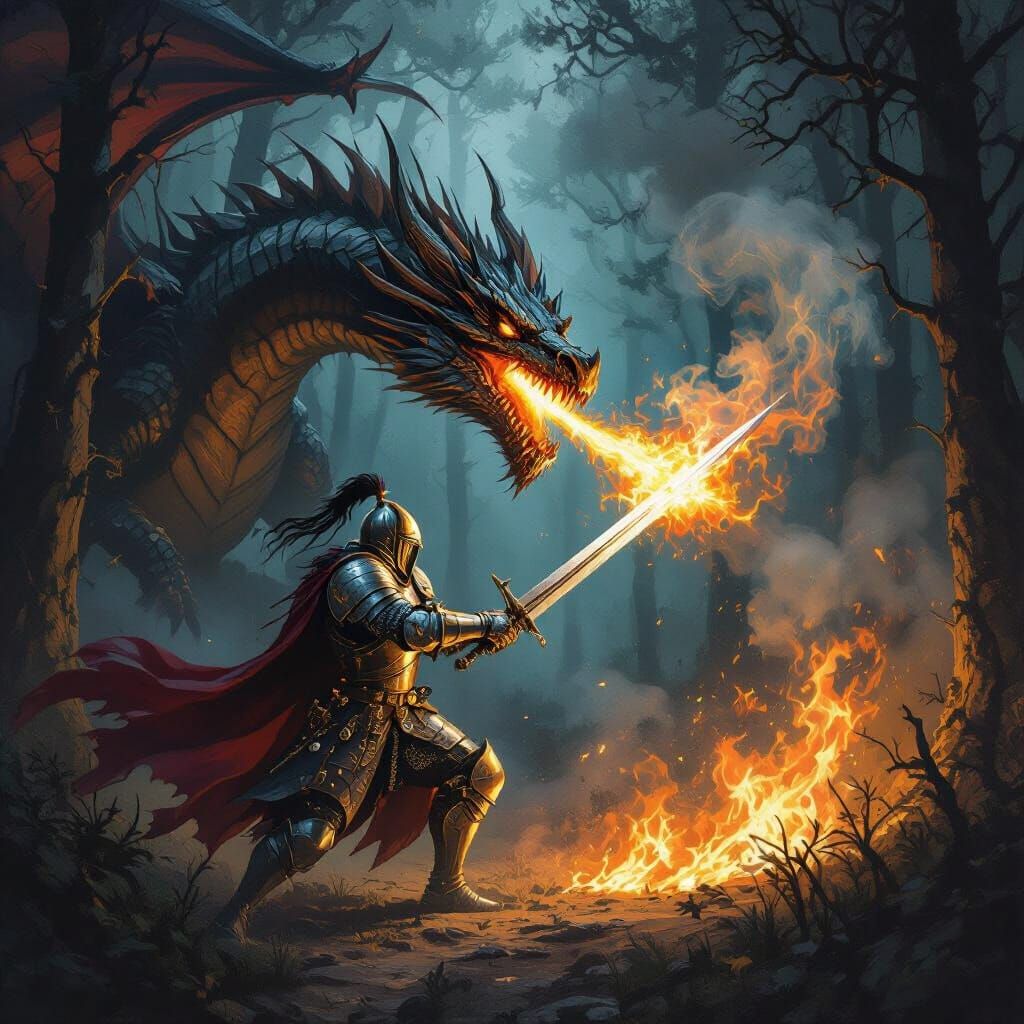Knight and Dragon Battle in Dark Fantasy Forest