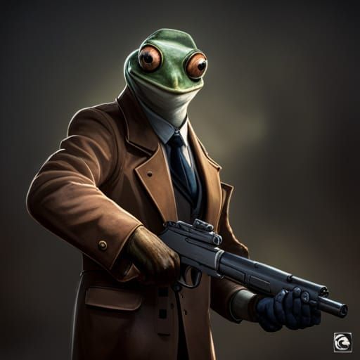 Frog MI5 Agent Points Gun, Detailed Fantasy Art