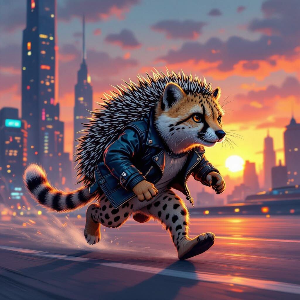 Hybrid Cheetah Hedgehog Runs in Dystopian Cityscape