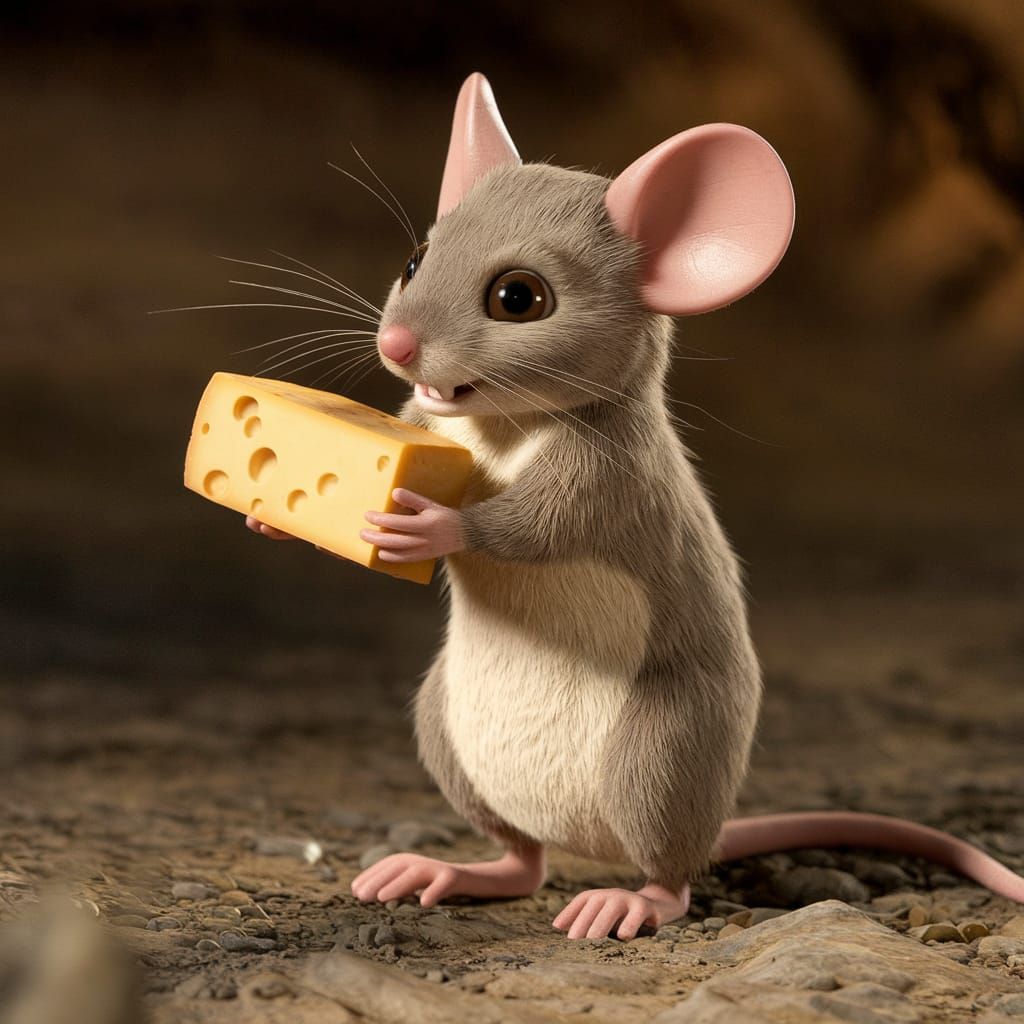 Anthropomorphic Mouse Holding Cheese in Natural Setting