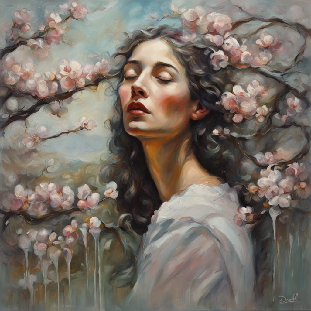 Surrealist Portrait of a Woman Remembering Apple Blossoms