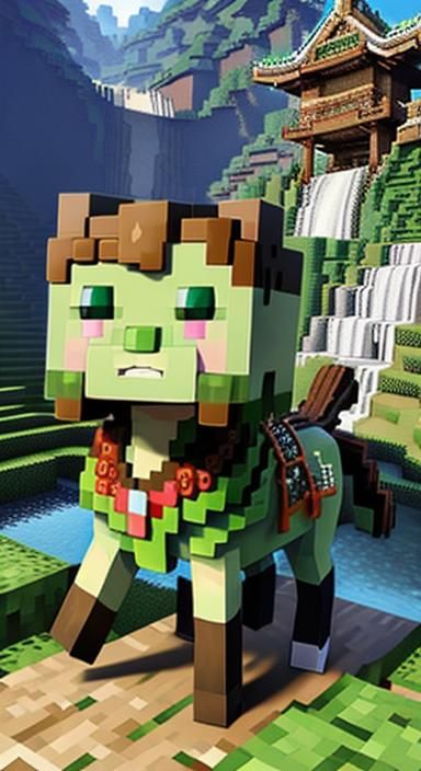 Minecraft Geisha Centaur in Elegant Waterfall Landscape