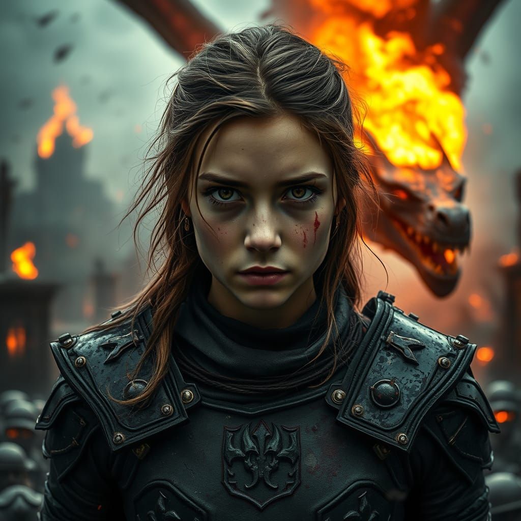 Female Warrior in Dark Armor Amidst Dragon Fire