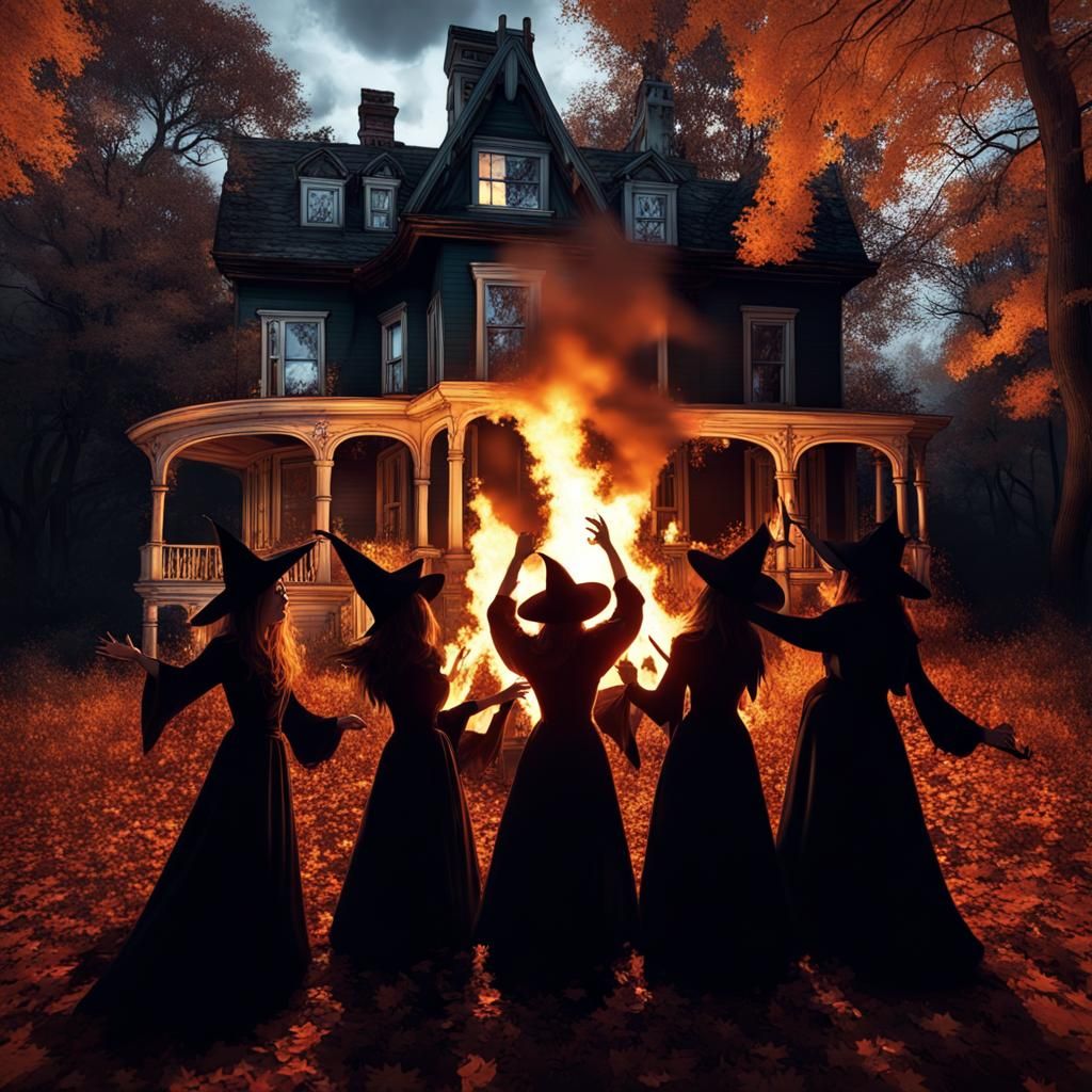 Witch Coven Bonfire Dance in Autumn Moonlight