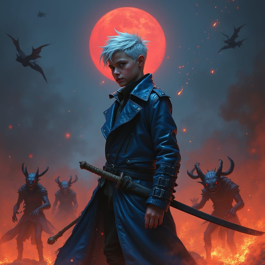 Defiant Youth in Ember Flames with Katana and Demons
