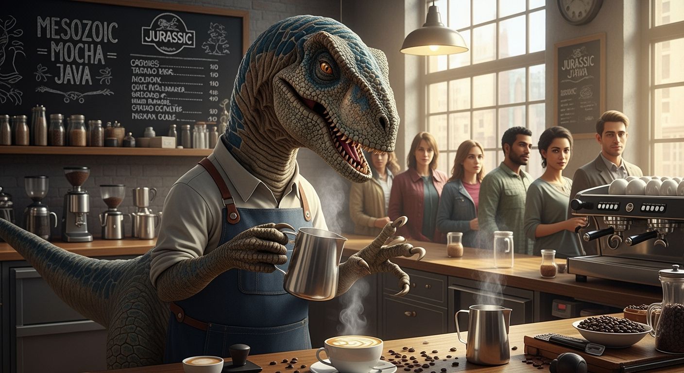 Velociraptor Barista Creates Latte Art in Coffee Shop