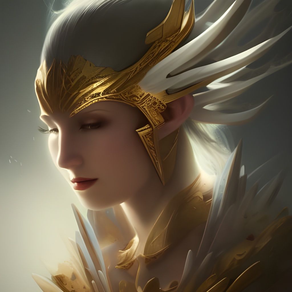 Elven Priestess with Angel Wings in Futuristic Chamber