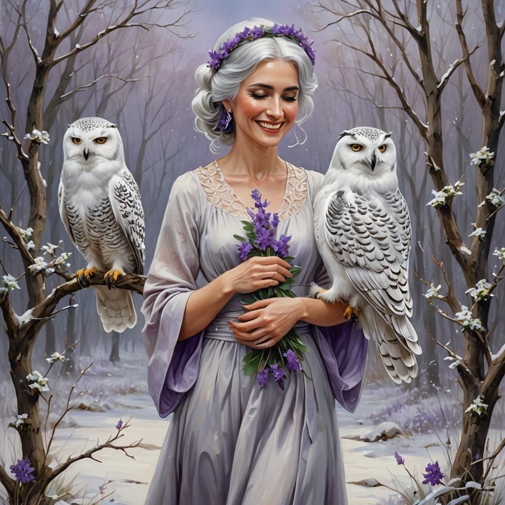 Elegant Woman with Snowy Owl, Oil Painting