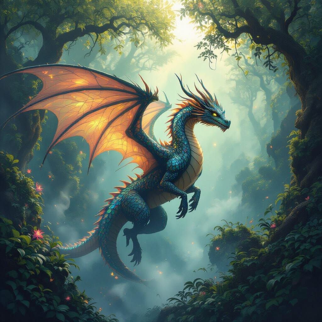Majestic Dragon Soars Through Enchanting Forest