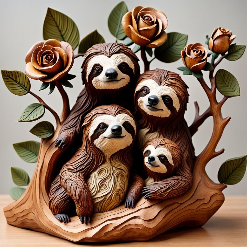 Wood Carving Sculpture of Sloth Family and Rose