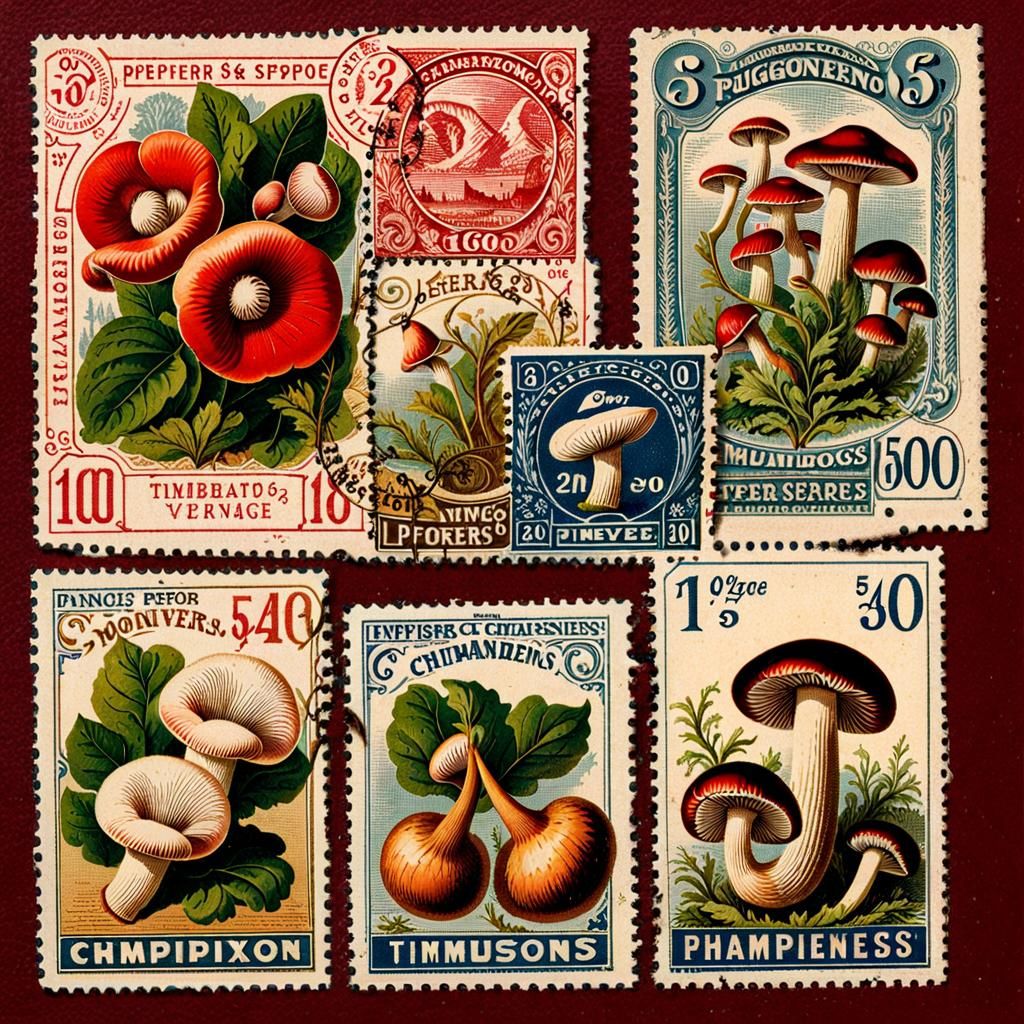 Vintage Postage Stamps with Mushroom Illustrations