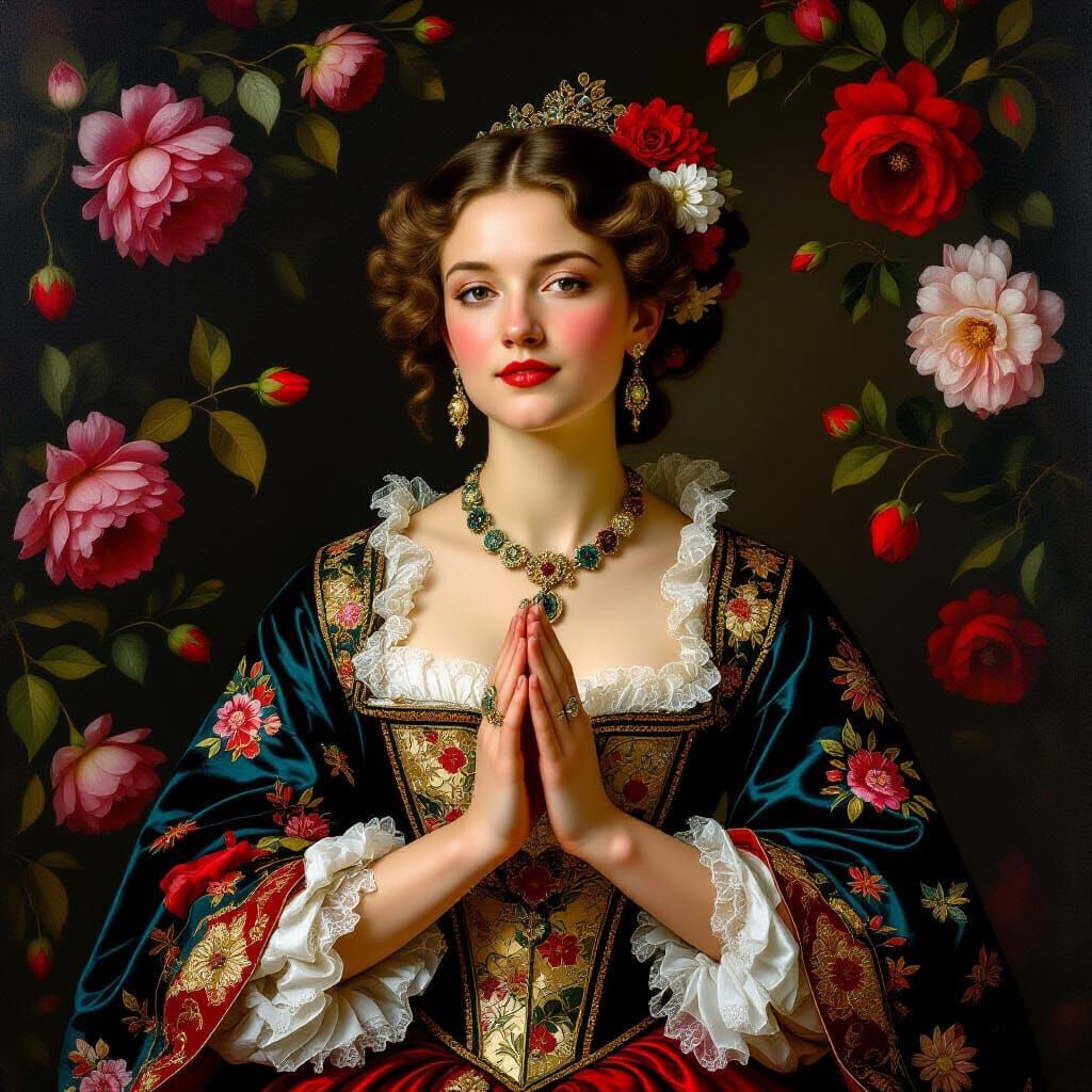 Elegant Woman Expressing Gratitude in Floral Setting