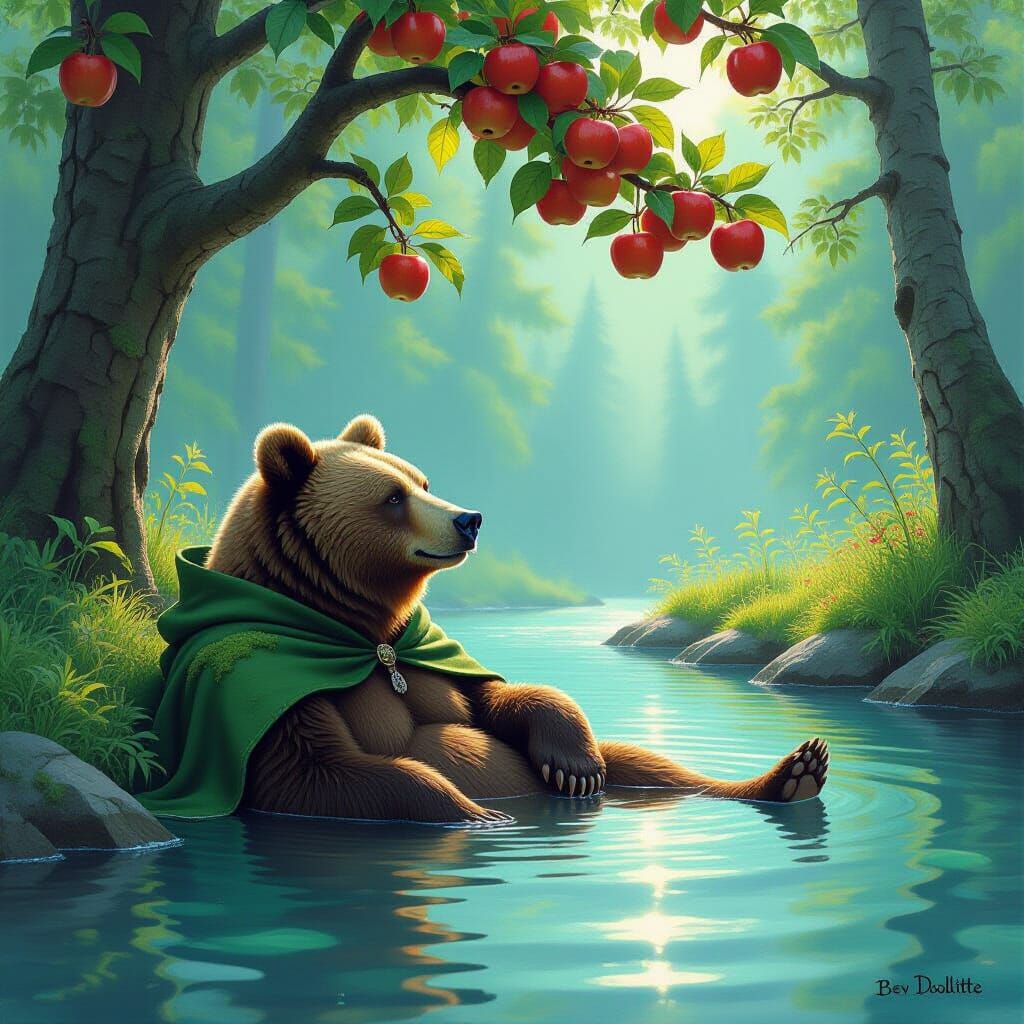 Bear in Forest Pool, Wildlife Art Style