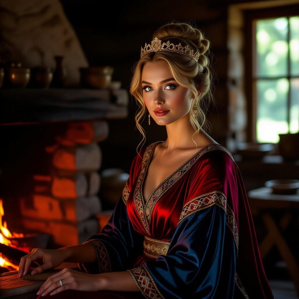 Ethereal Georgian Goddess Tending the Hearth