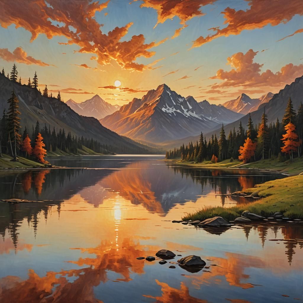 Mountain Lake Sunset: Panoramic Oil Painting