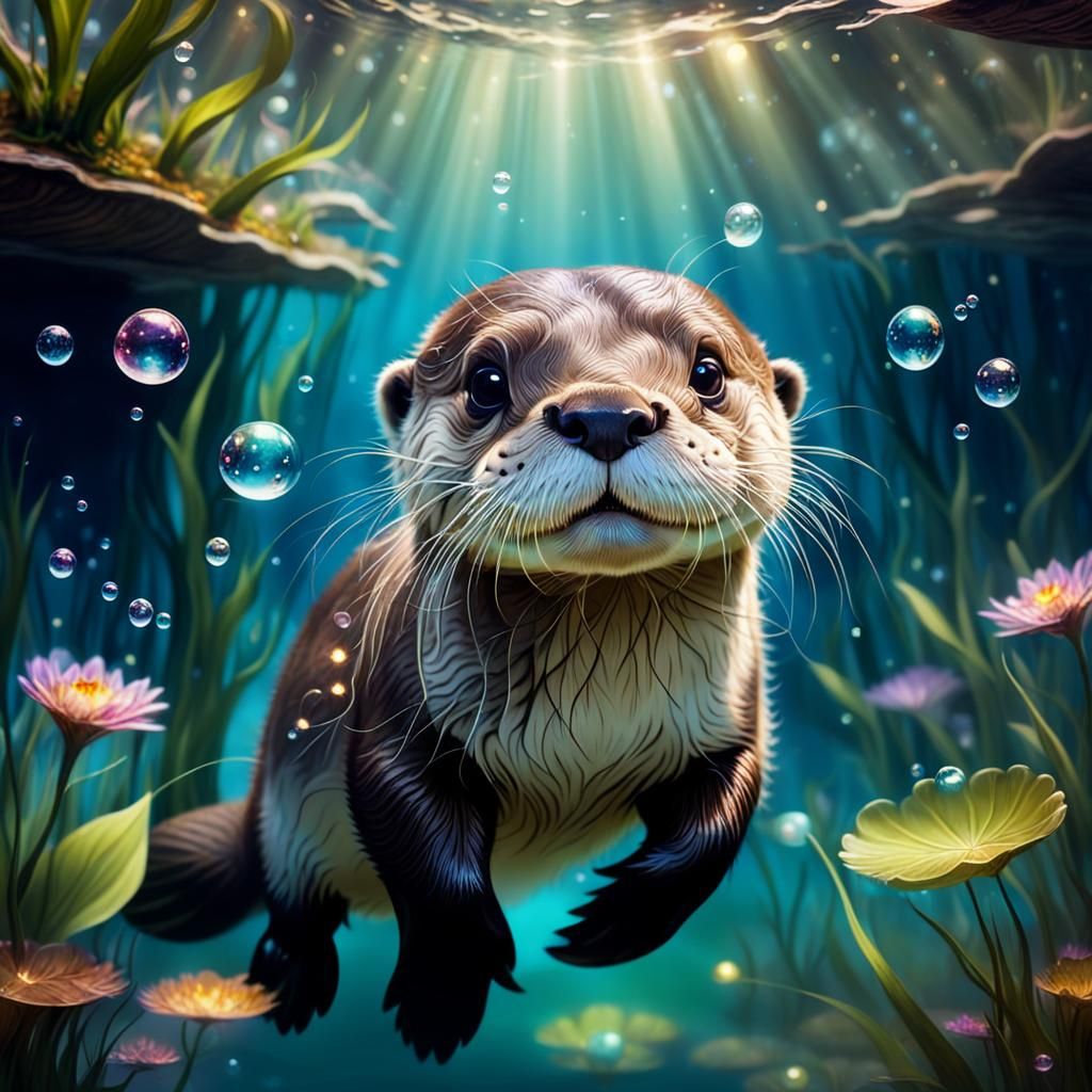 Enchanted Baby Otter Swimming Underwater