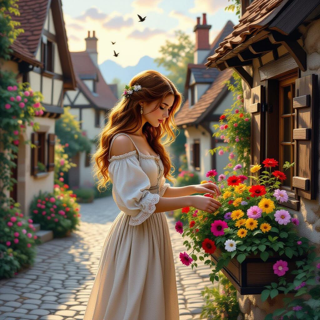 Medieval Village Woman with Flowers in Pre-Raphaelite Style