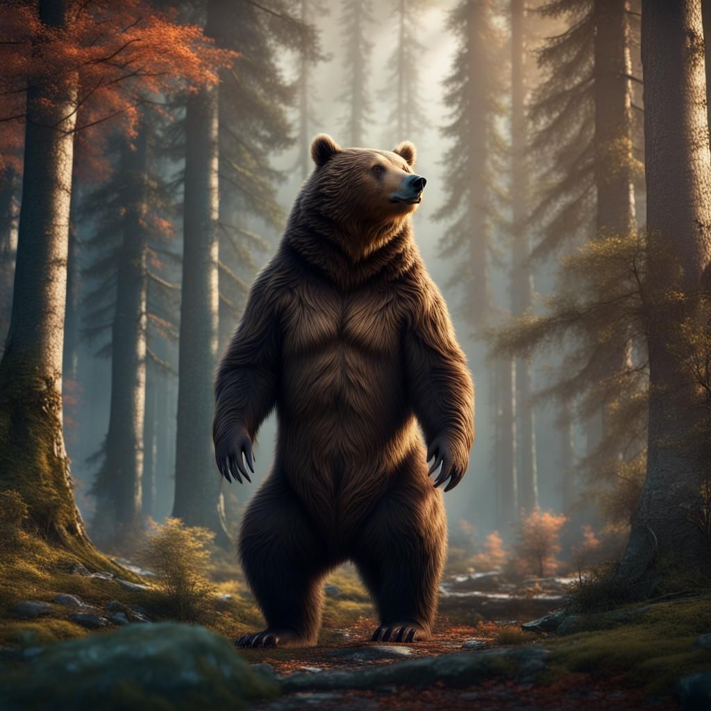 Detailed Matte Painting of a Bear in Woods