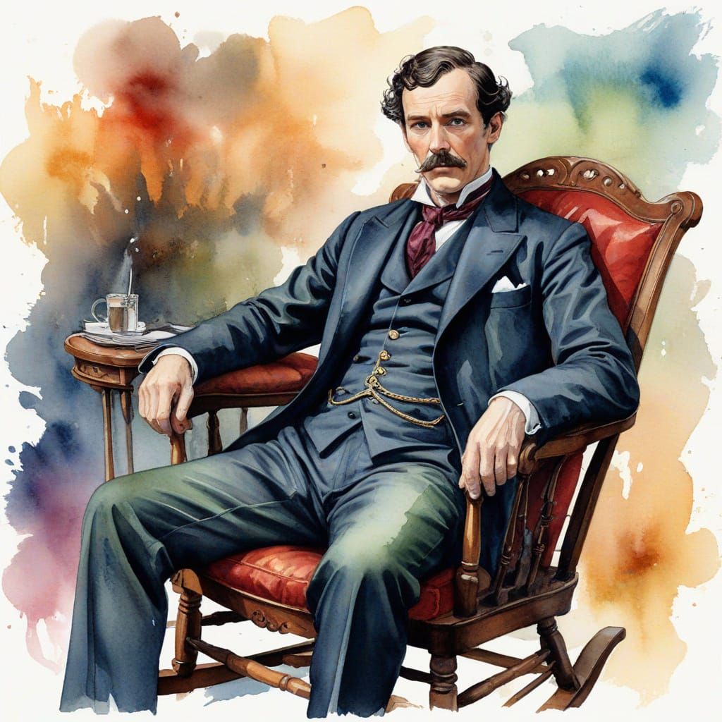 Sherlock Holmes in Rocking Chair, Watercolor Painting