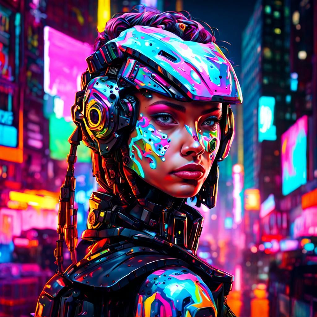 Cyborg Girl Portrait in Neon City, Graffiti Art