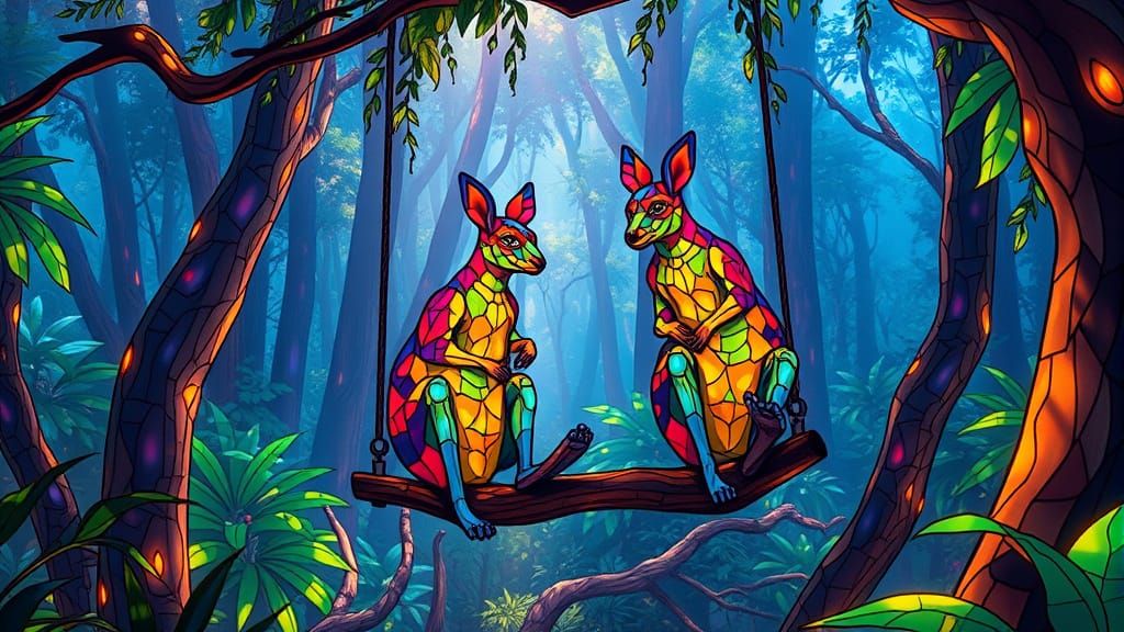 Kangaroos in Rainforest with Stained Glass, Neon Glow