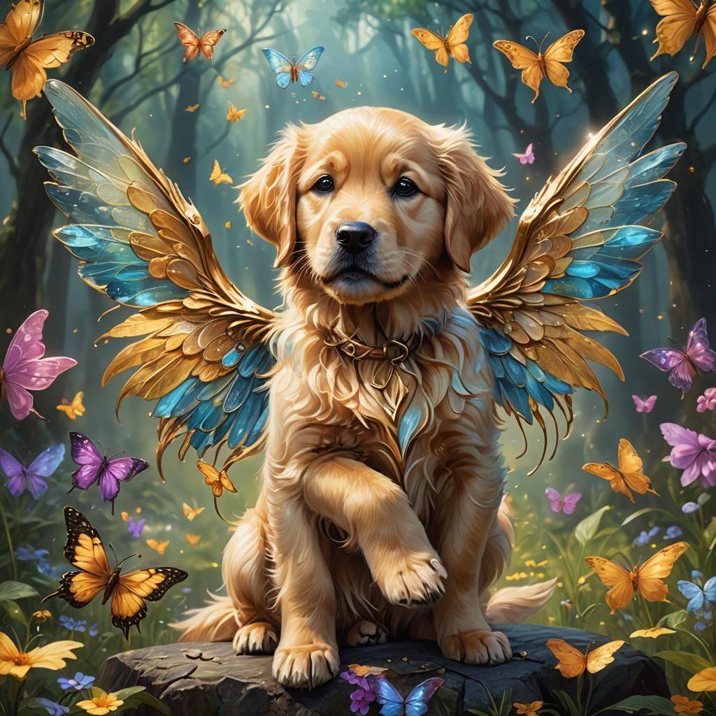 Golden Retriever Pup with Fairy Wings, Oil Painting