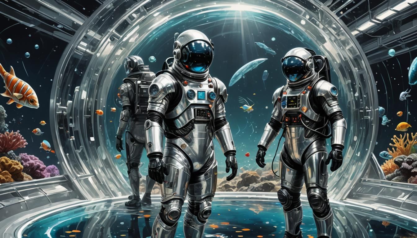 Retrofuturistic Time Traveler Observing Black Hole Aquarium