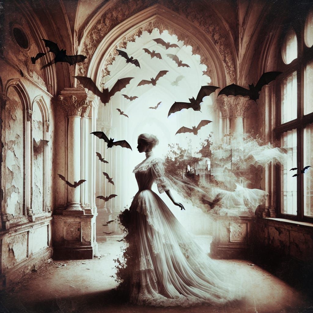 Ethereal Victorian Ghost in Crumbling Mansion