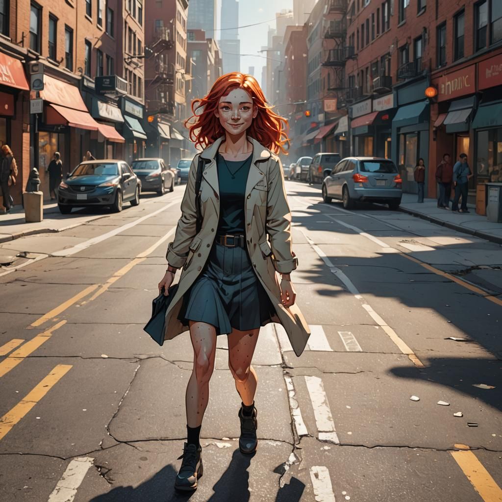 Energetic Redhead in City Street, Comic Book Art