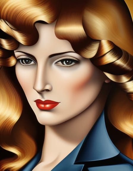 Art Deco Portrait of Woman with Brown Curls