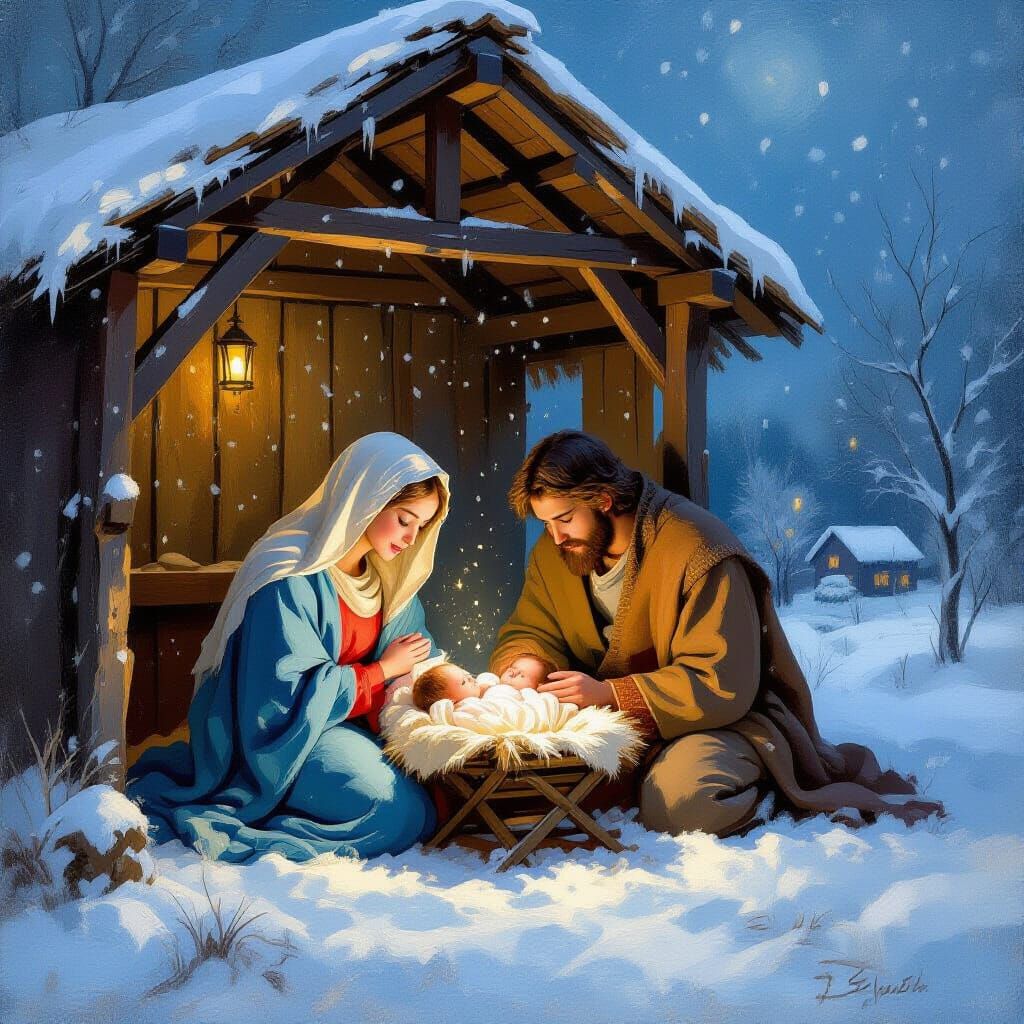 Serene Nativity Scene in Gentle Snowfall