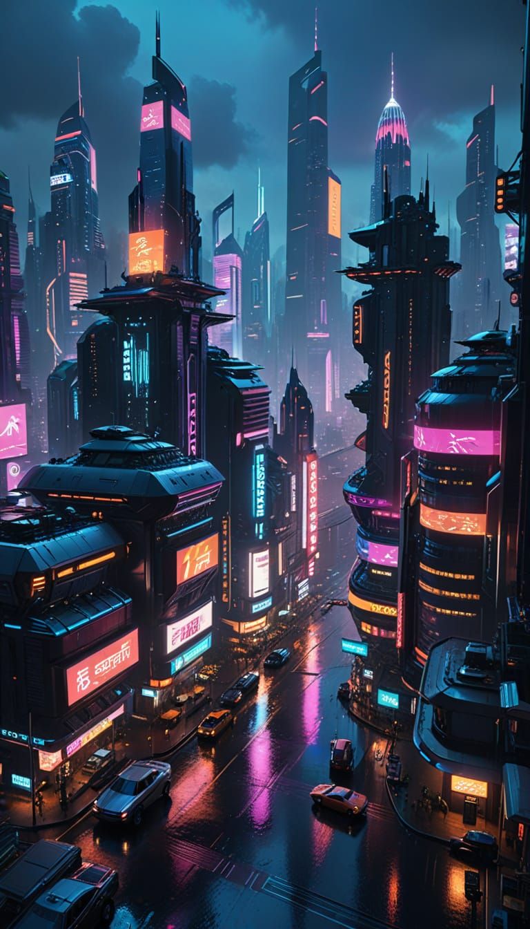 Cyberpunk Metropolis at Night: Neon and Flying Cars