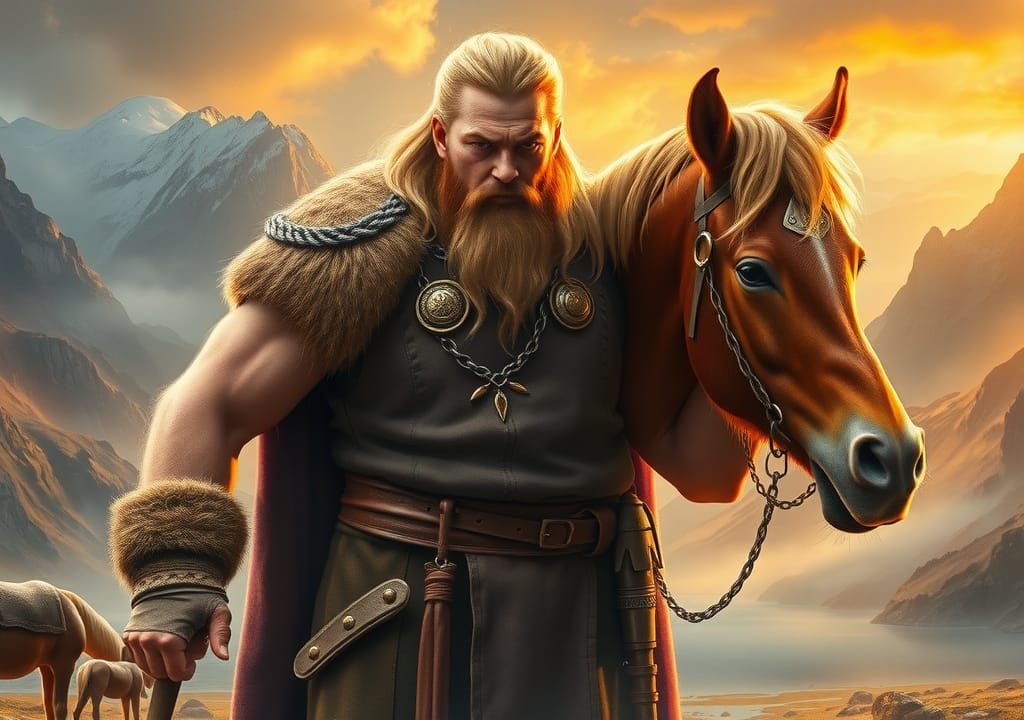 Viking Warrior and Icelandic Pony in Gouache Style